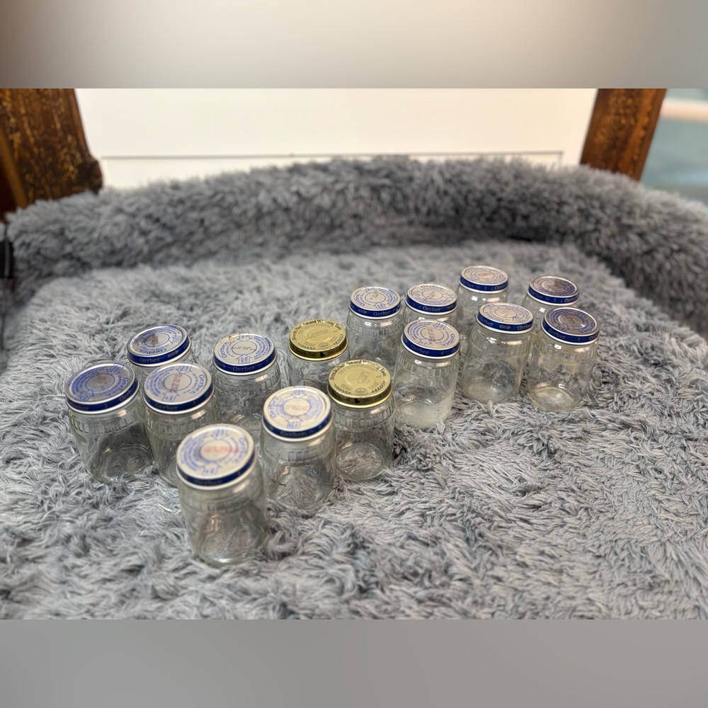 Clear Glass Jars Set of 16 Blue & Gold Lids DIY Craft Storage Mismatched Tops